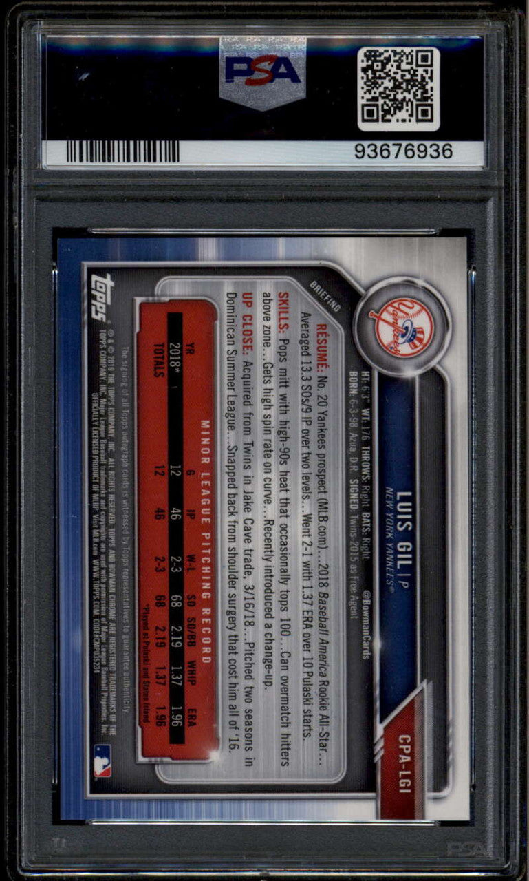 SOLD 185017 2019 Bowman Chrome Prospect Autographs CPALGI Luis Gil Rookie Auto PSA 10 GEM MT