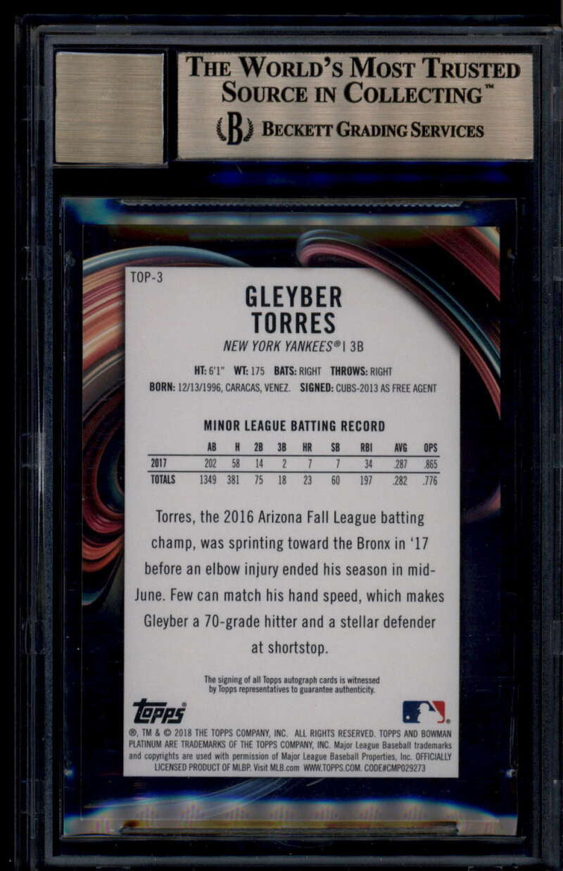 2018 Bowman Platinum Autographs Orange Gleyber Torres Rookie RC Auto /25 BGS 9.5
