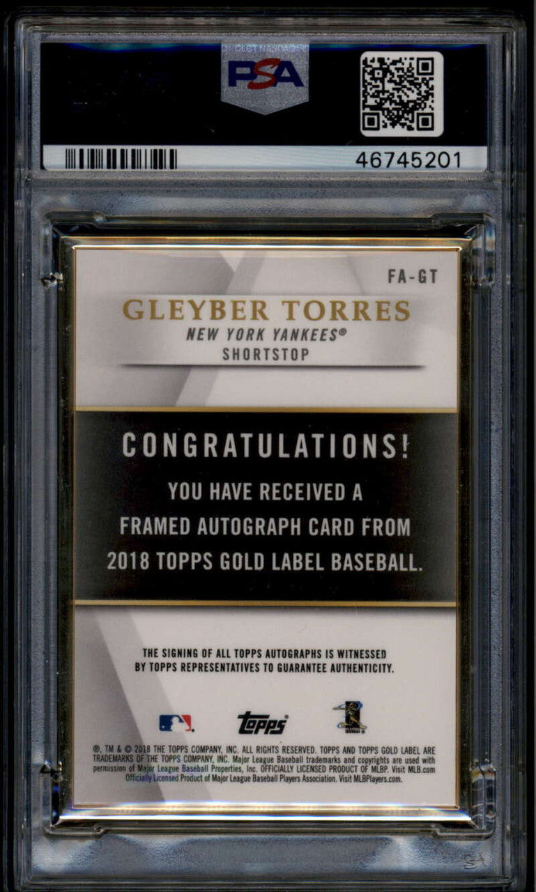 2018 Topps Gold Label Framed Autographs Blue Gleyber Torres RC Auto 34/50 PSA 9