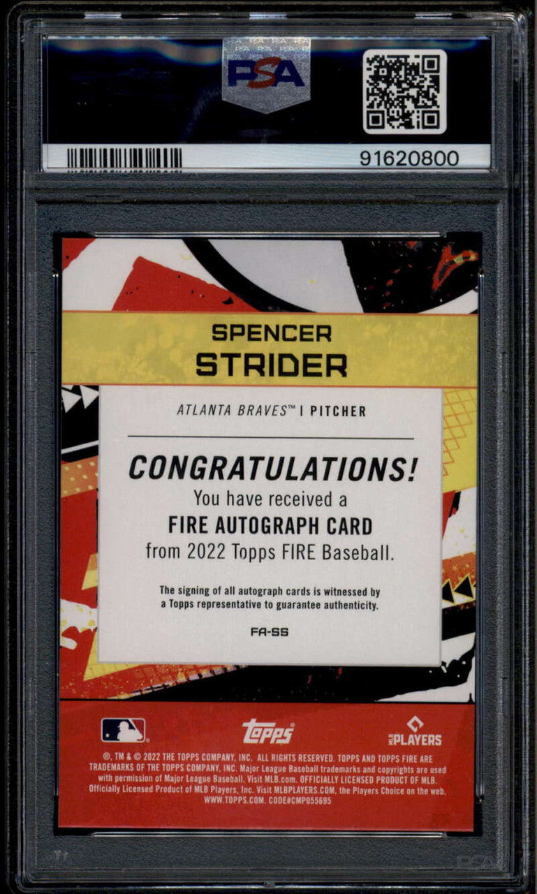 2022 Topps Fire Autographs FASS Spencer Strider Rookie RC Auto PSA 9 MINT