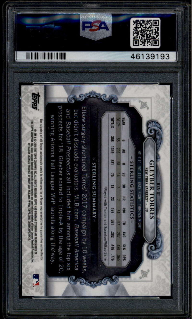 2018 Bowman Sterling Autographs Refractor Gleyber Torres RC Auto 59/99 PSA 10
