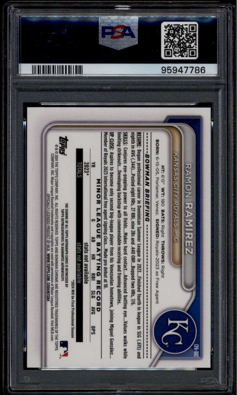 SOLD 185044 2024 Bowman Chrome Prospect Autographs Ramon Ramirez Rookie RC Auto PSA 10