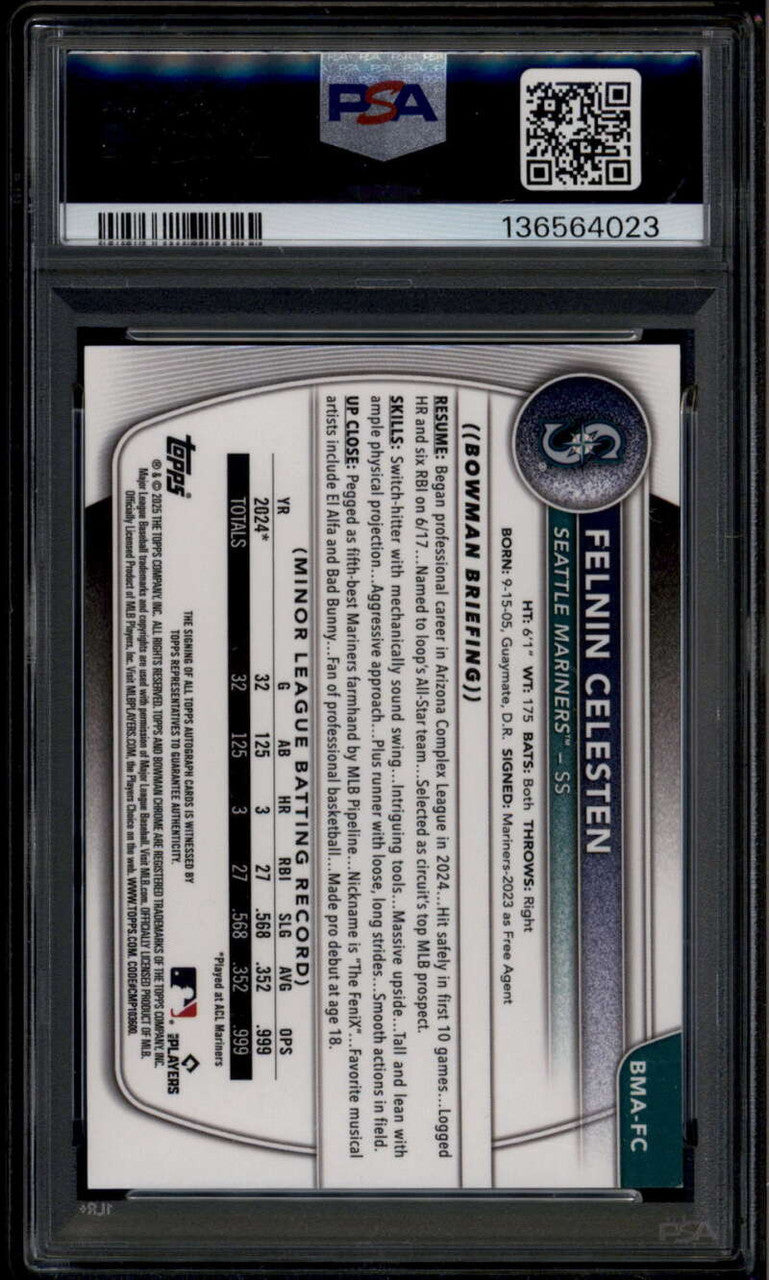 2025 Bowman Chrome Mega Blue Refractor Felnin Celesten Rookie RC Auto /150 PSA 9