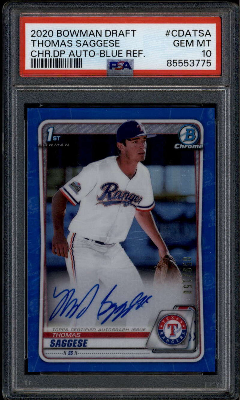 SOLD 185057 2020 Bowman Chrome Blue Refractor Thomas Saggese Rookie RC Auto 58/150 PSA 10