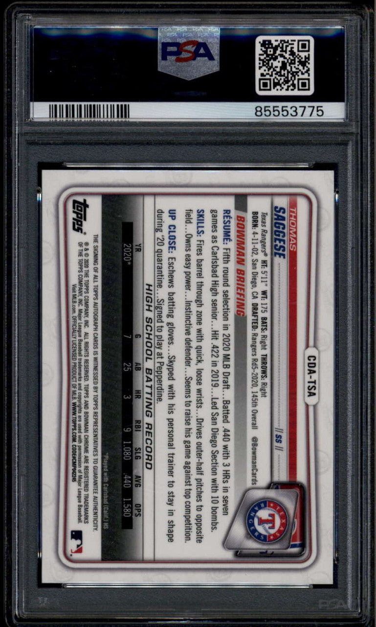 SOLD 185057 2020 Bowman Chrome Blue Refractor Thomas Saggese Rookie RC Auto 58/150 PSA 10
