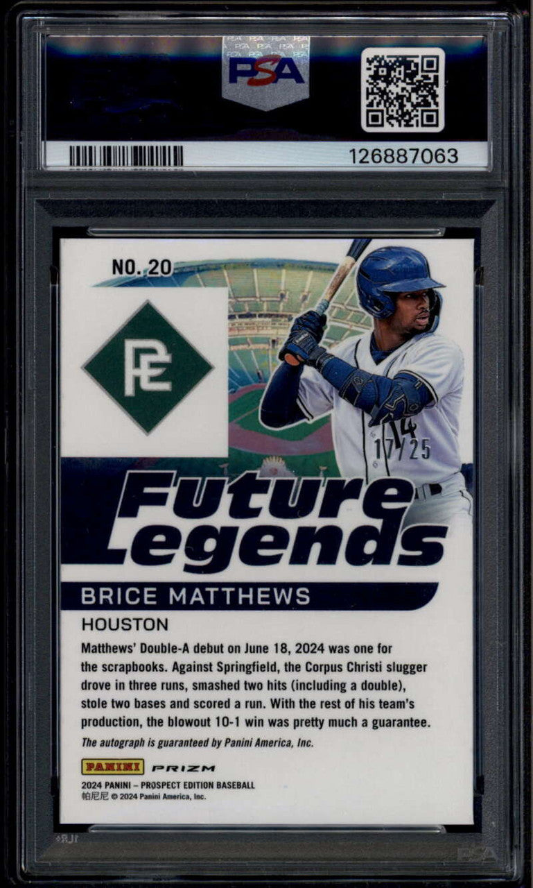 2024 Panini Prospect Future Legends Mojo 20 Brice Matthews RC Auto 17/25 PSA 10