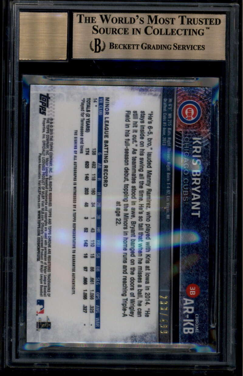 SOLD 185066 2015 Topps Chrome Rookie Autograph Refractor Kris Bryant RC Auto /499 BGS 9.5 10