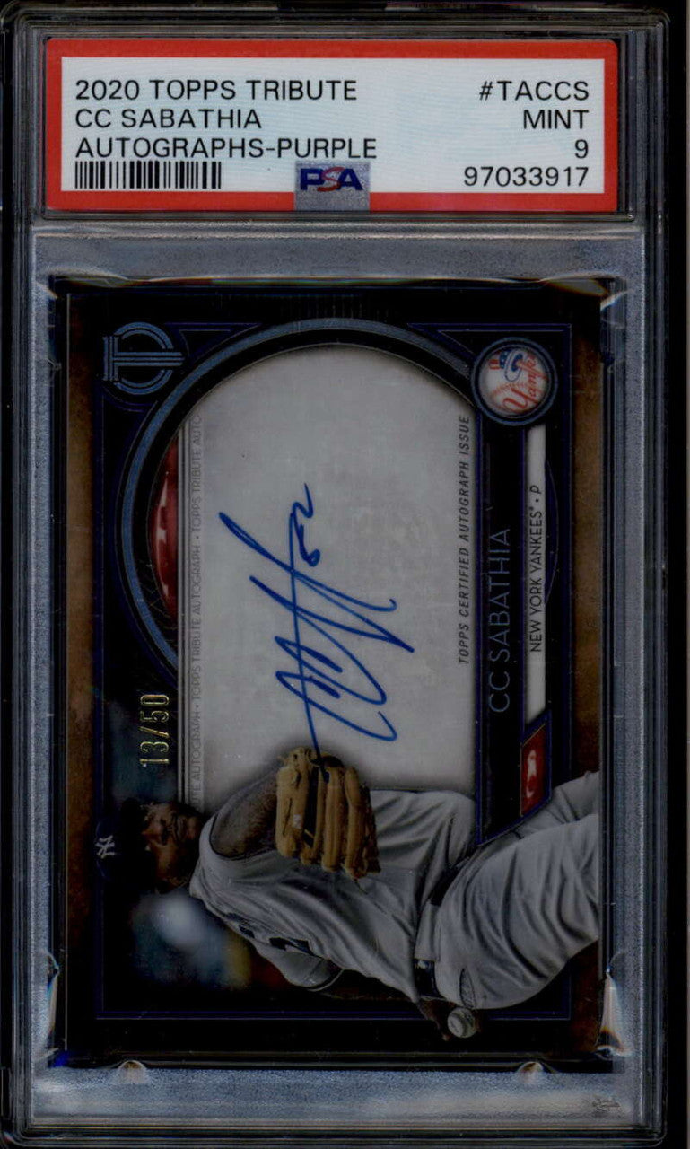SOLD 185067 2020 Topps Tribute Autographs Purple TACCS CC Sabathia Auto 13/50 PSA 9 MINT