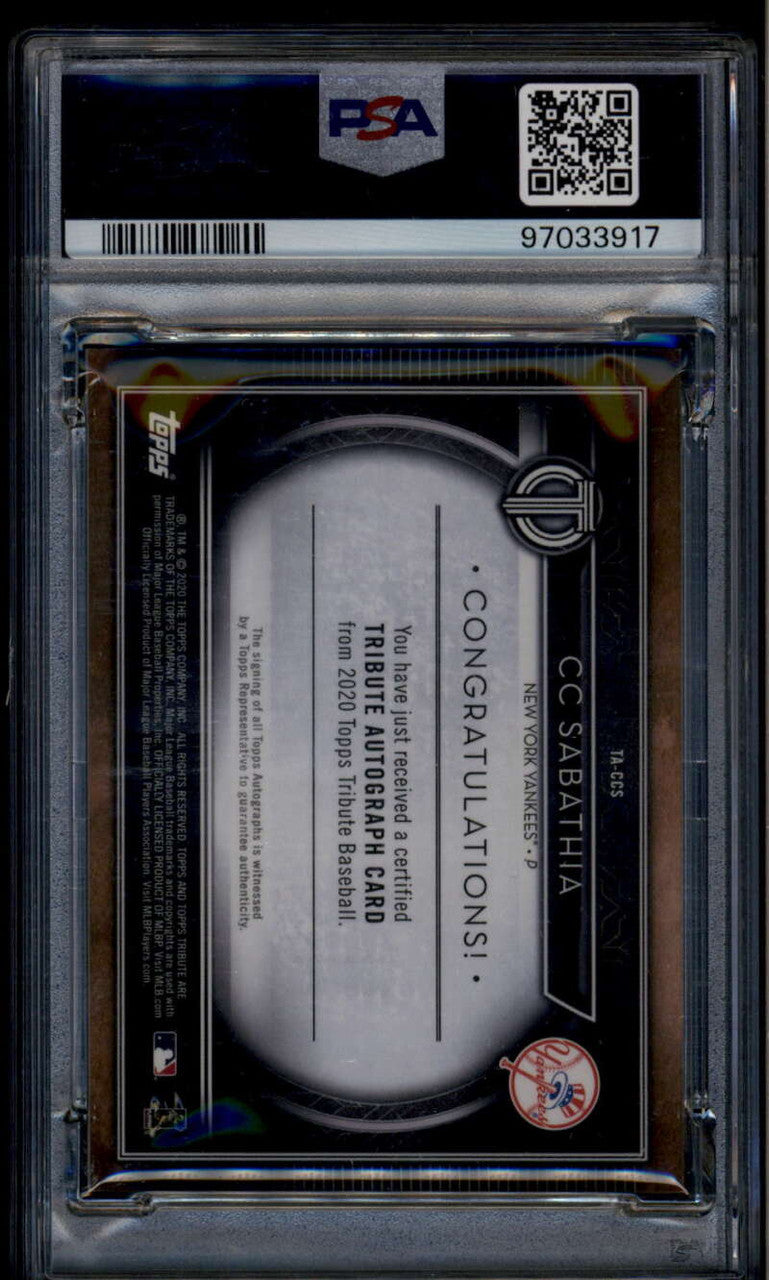 SOLD 185067 2020 Topps Tribute Autographs Purple TACCS CC Sabathia Auto 13/50 PSA 9 MINT