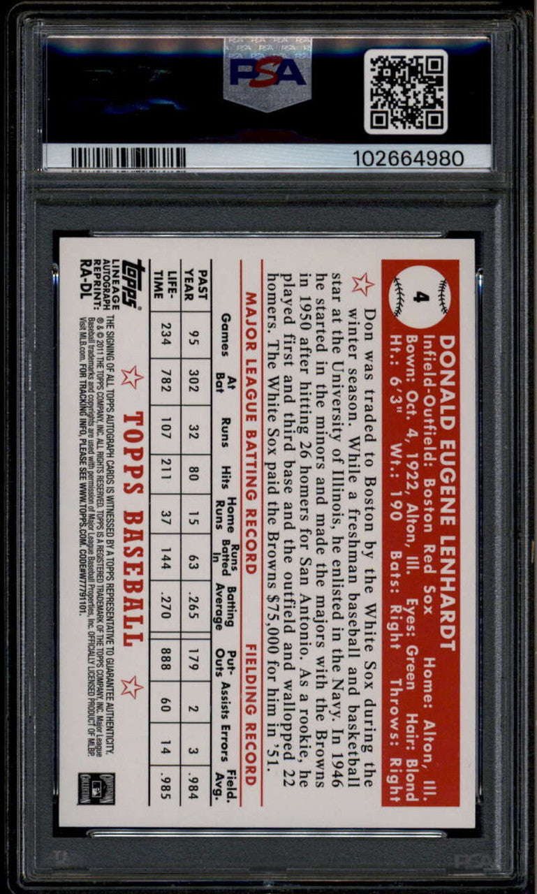 2011 Topps Lineage Autographs DL Don Lenhardt Auto PSA 10 GEM MT PSA/DNA 10