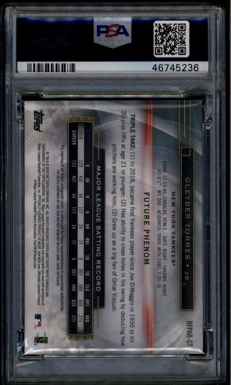 2019 Topps Triple Threads Amethyst RFPARGT Gleyber Torres Jersey Auto /75 PSA 10