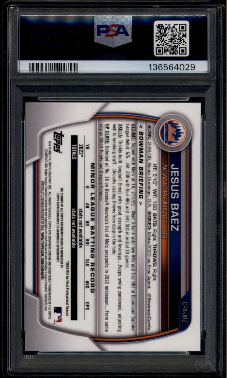 SOLD 185081 2023 Bowman Chrome Autographs Speckle Refractor Jesus Baez RC Auto 174/299 PSA 9