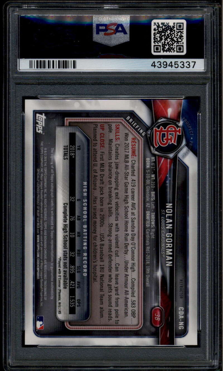 2018 Bowman Chrome Autographs Refractor Nolan Gorman Rookie RC Auto /499 PSA 10