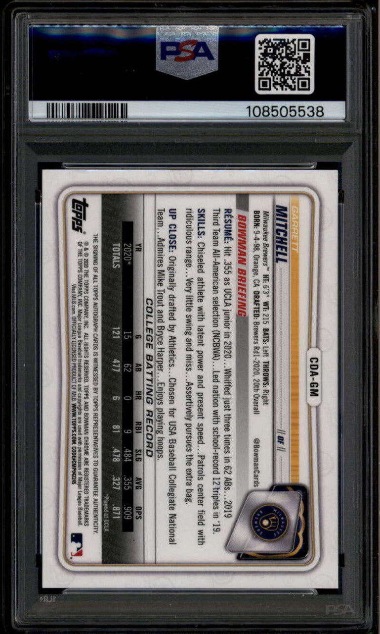 SOLD 185085 2020 Bowman Chrome Draft Autographs CDAGM Garrett Mitchell Rookie RC Auto PSA 10