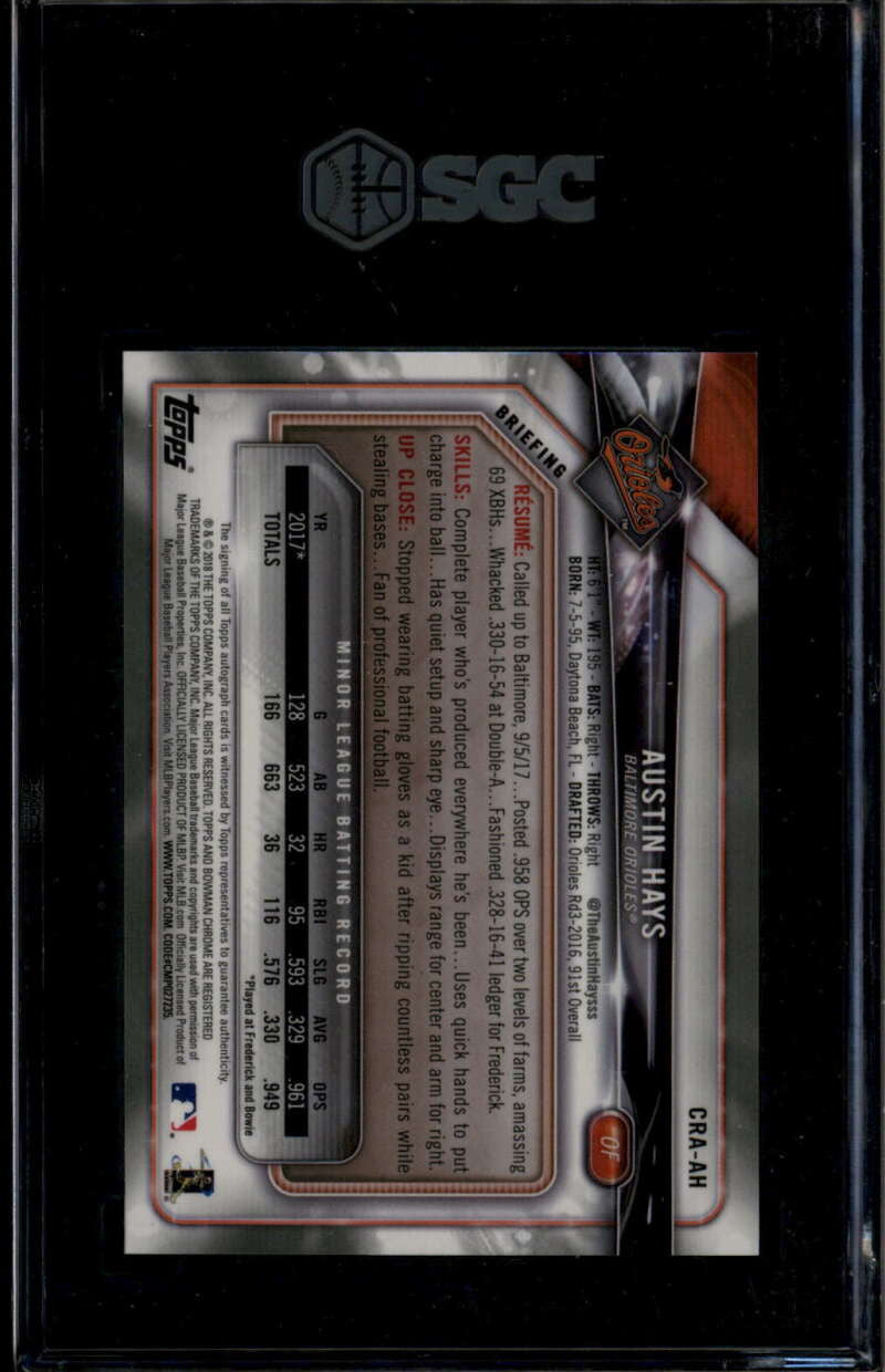 2018 Bowman Chrome Autographs Orange Refractor Austin Hays RC Auto 21/25 SGC 10