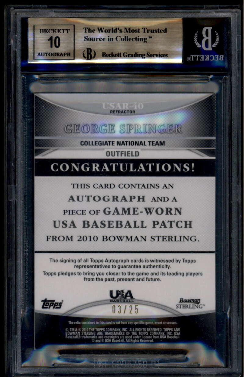 2010 Bowman Sterling USA Refractor George Springer RC Jersey Auto 3/25 BGS 9.5