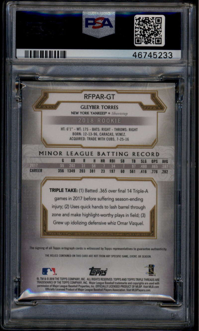 2018 Topps Triple Threads Emerald Gleyber Torres Rookie RC Bat Auto 9/50 PSA 10