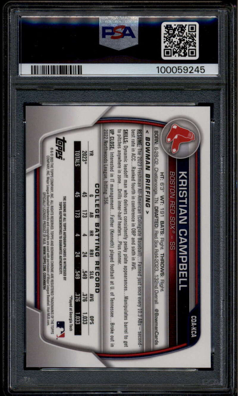 2023 Bowman Chrome Draft Autographs Kristian Campbell Rookie RC Auto PSA 10 GEM