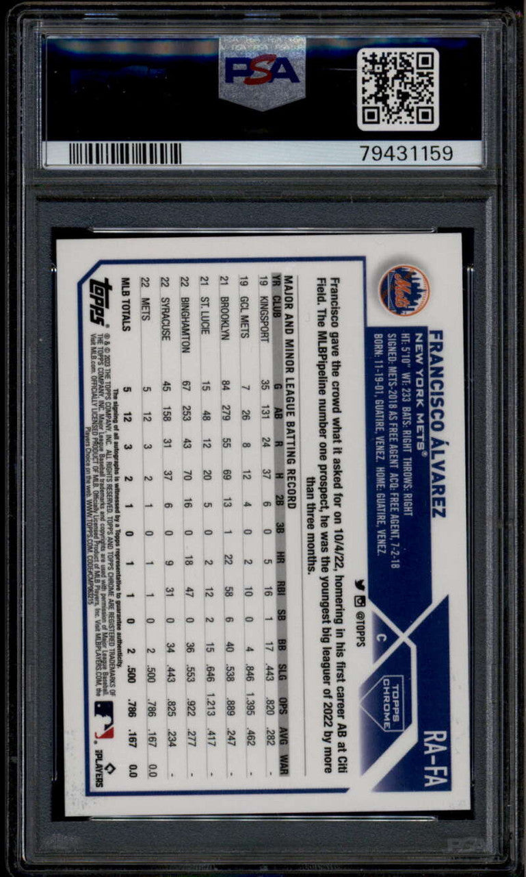 2023 Topps Chrome Blue RayWave Refractor Francisco Alvarez RC Auto 76/150 PSA 10