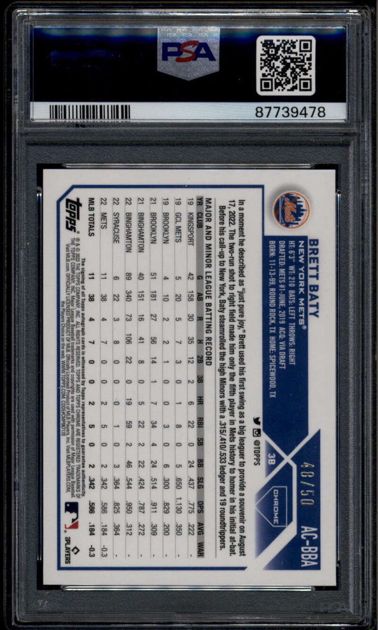 2023 Topps Chrome Update Autographs Gold Refractor Brett Baty RC Auto /50 PSA 10