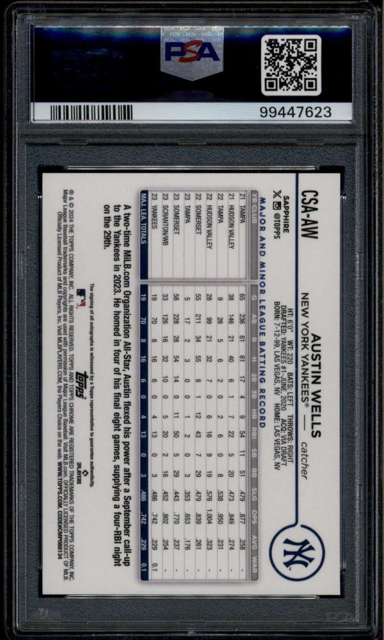 2024 Topps Chrome Sapphire Autographs Refractor Austin Wells RC Auto /99 PSA 10