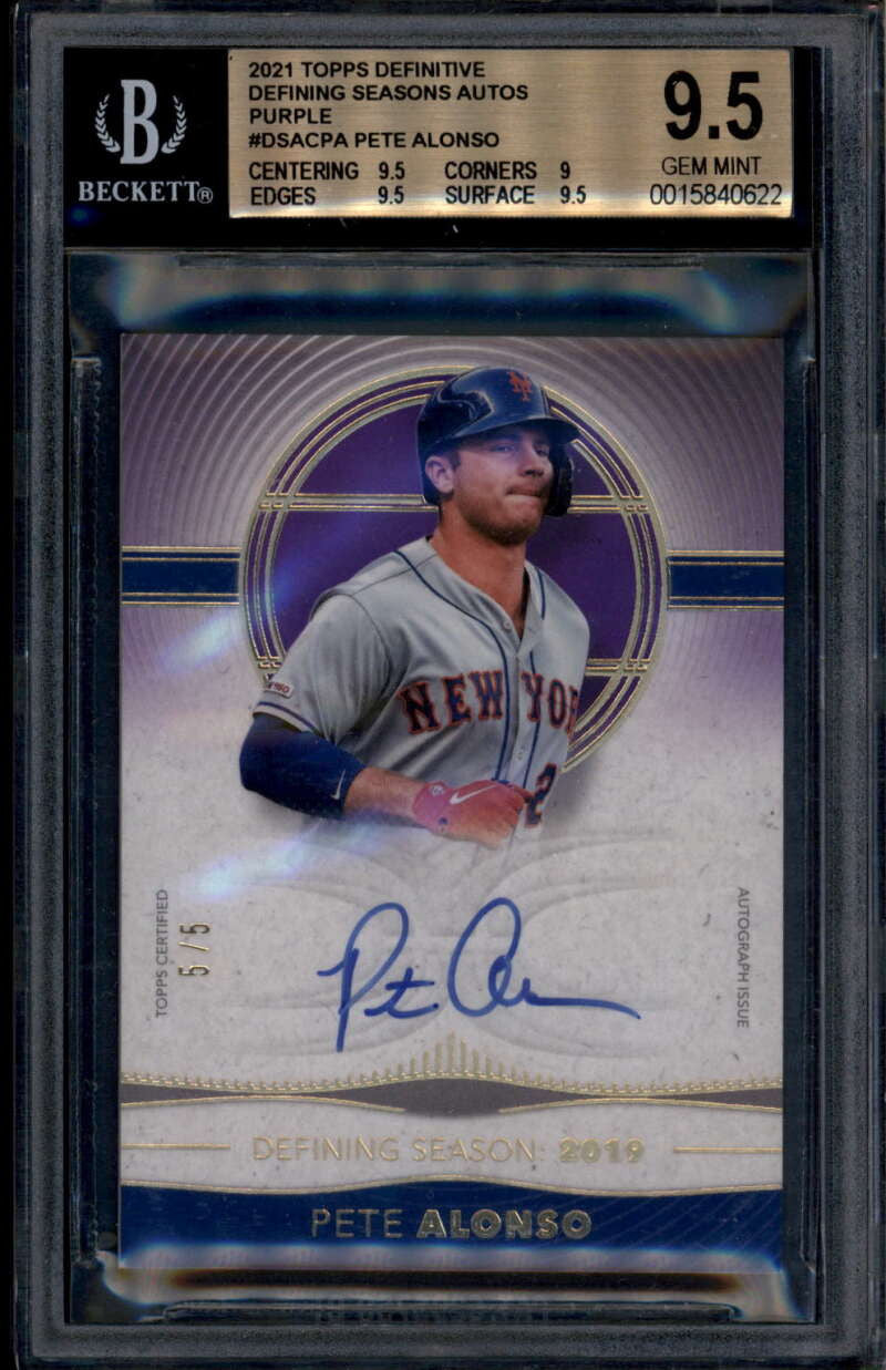 SOLD 185121 2021 Topps Definitive Defining Seasons Autographs Pete Alonso Auto 5/5 BGS 9.5