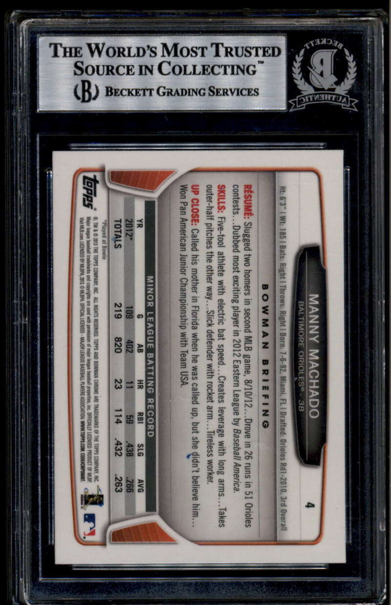 2013 Bowman Chrome Draft 4 Manny Machado RC Beckett Witnessed Authentic Auto