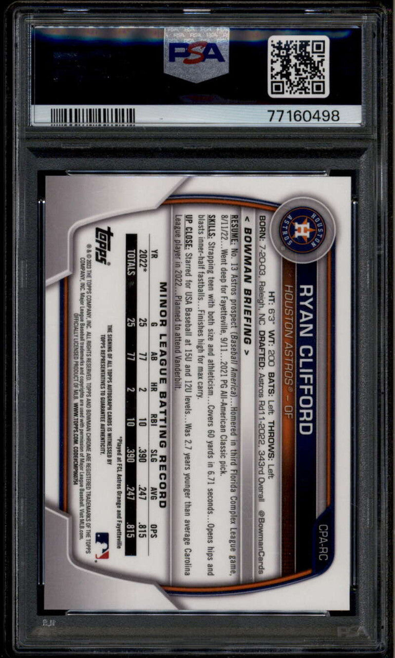 2023 Bowman Chrome Autographs Green Refractor Ryan Clifford RC Auto 29/99 PSA 9