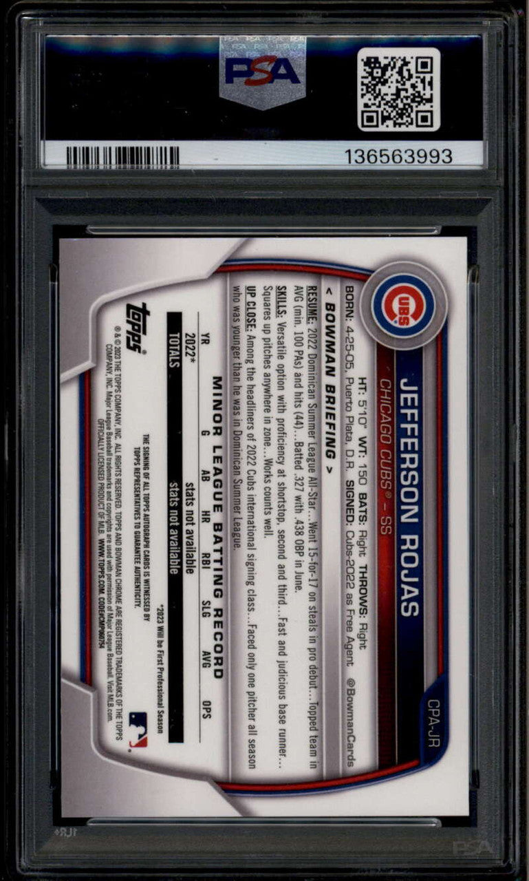 SOLD 185129 2023 Bowman Chrome Autographs Refractor Jefferson Rojas RC Auto 187/299 PSA 9
