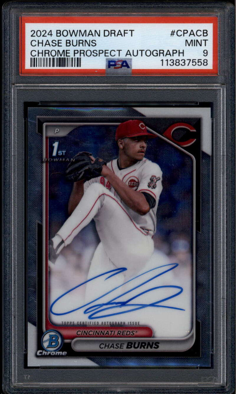 SOLD 185130 2024 Bowman Chrome Draft Prospect Autographs Chase Burns Rookie RC Auto PSA 9
