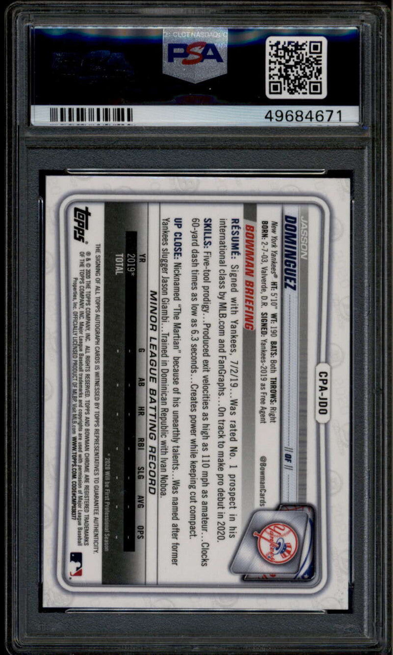 2020 Bowman Chrome Prospect Autographs Jasson Dominguez Rookie RC Auto PSA 9
