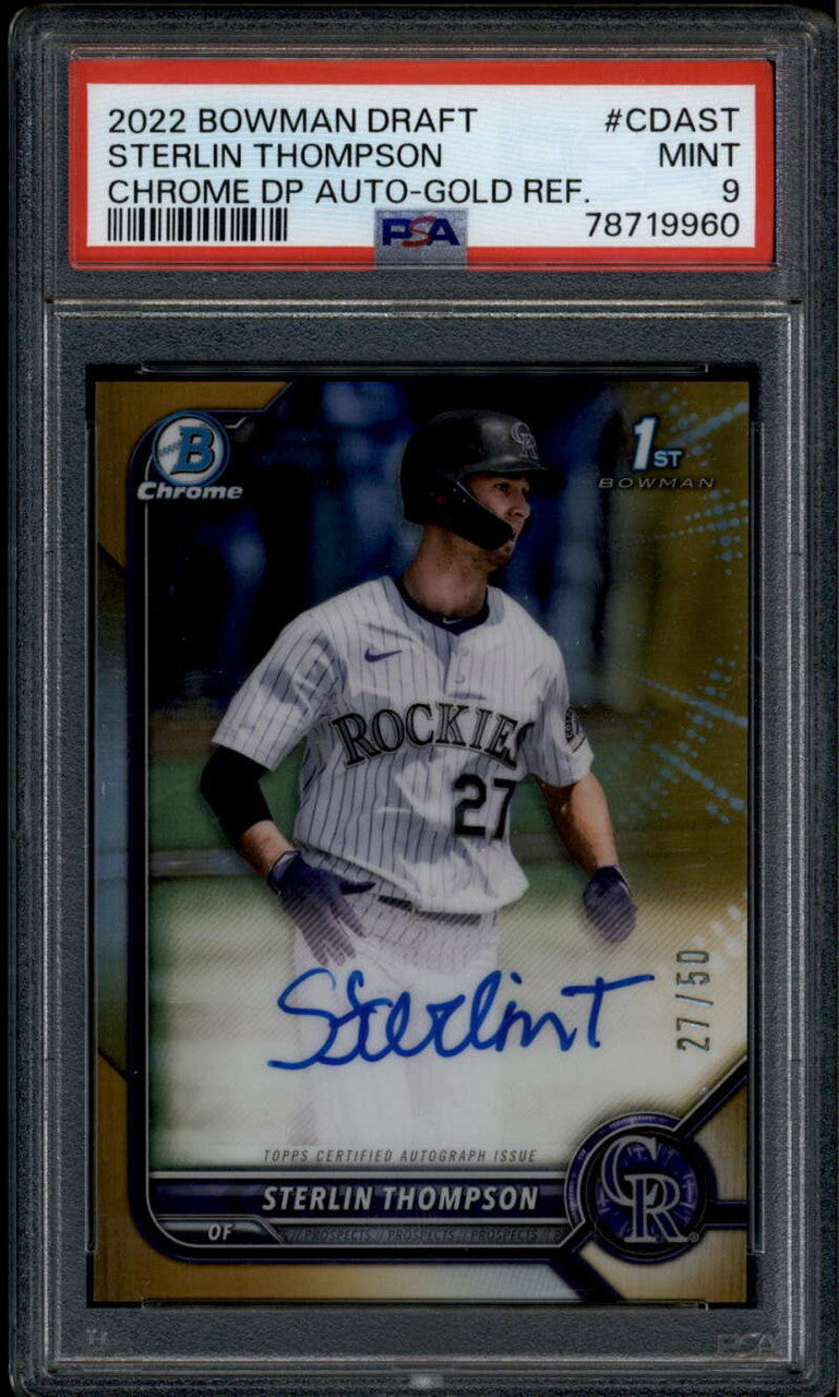2022 Bowman Chrome Draft Gold Refractor Sterlin Thompson RC Auto 27/50 PSA 9