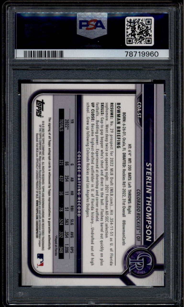 2022 Bowman Chrome Draft Gold Refractor Sterlin Thompson RC Auto 27/50 PSA 9