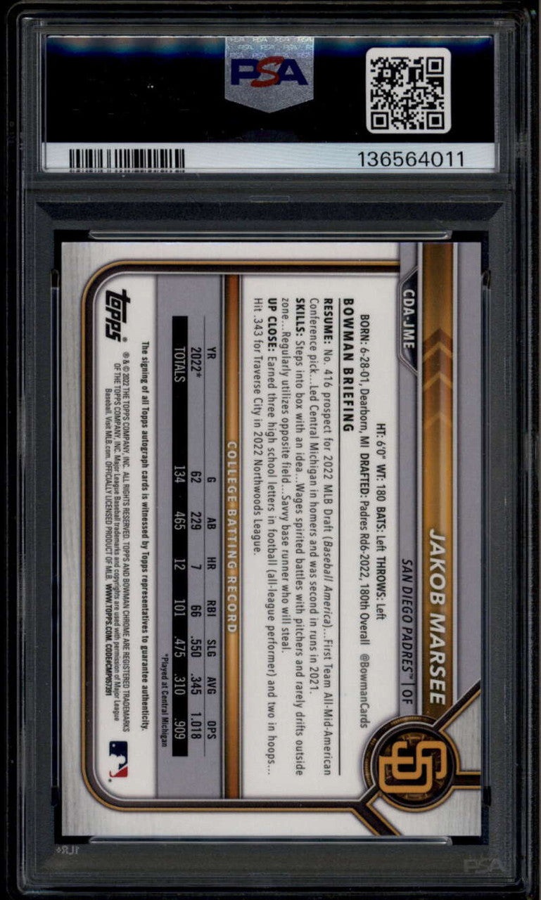 2022 Bowman Chrome Draft Green Refractor Jakob Marsee Rookie RC Auto 71/99 PSA 9