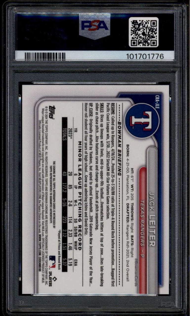 2024 Bowman Chrome Autographs Gold Refractor Jack Leiter RC Auto 40/50 PSA 9 10