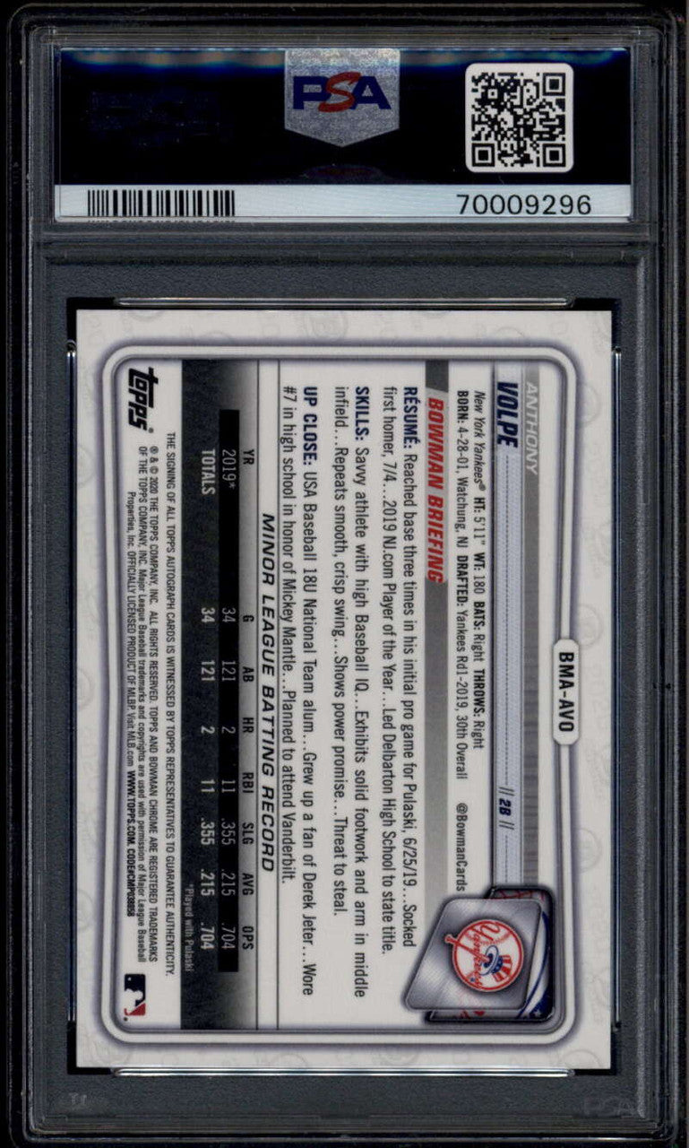 SOLD 185146 2020 Bowman Chrome Mega Box Green Refractor Anthony Volpe RC Auto 35/99 PSA 10