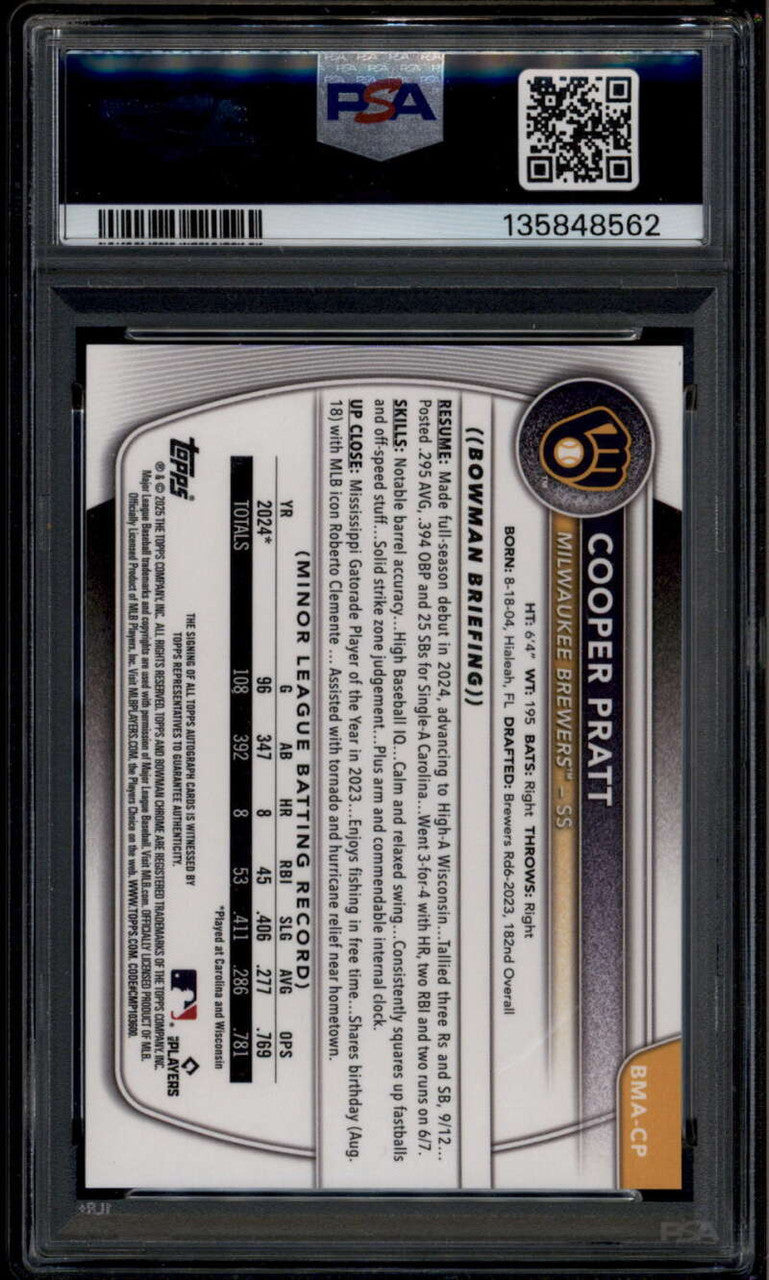 2025 Bowman Chrome Mega Box Autographs Cooper Pratt Rookie RC Auto PSA 10 GEM MT