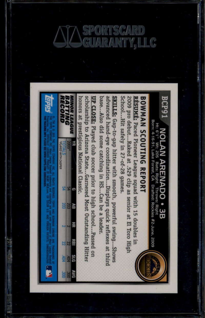 2010 Bowman Chrome Prospects bcp91b Nolan Arenado Rookie RC Auto SGC 96 MINT 9