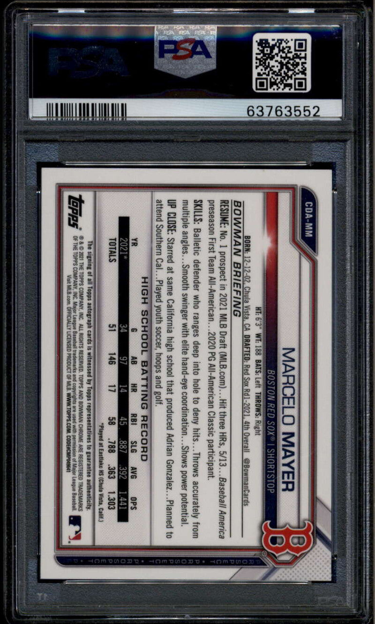2021 Bowman Chrome Draft Autographs CDAMM Marcelo Mayer Rookie RC Auto PSA 10
