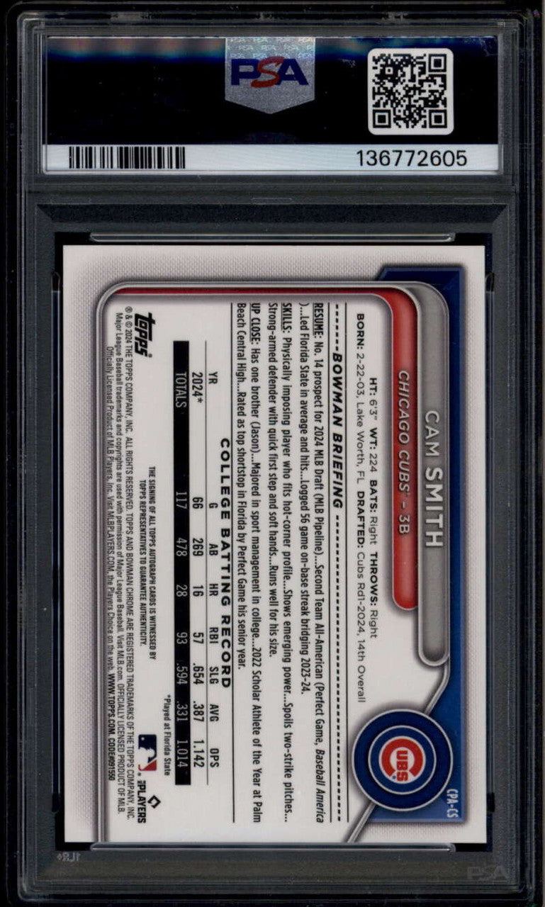 2024 Bowman Chrome Draft Sapphire Green Refractor Cam Smith RC Auto 55/99 PSA 9