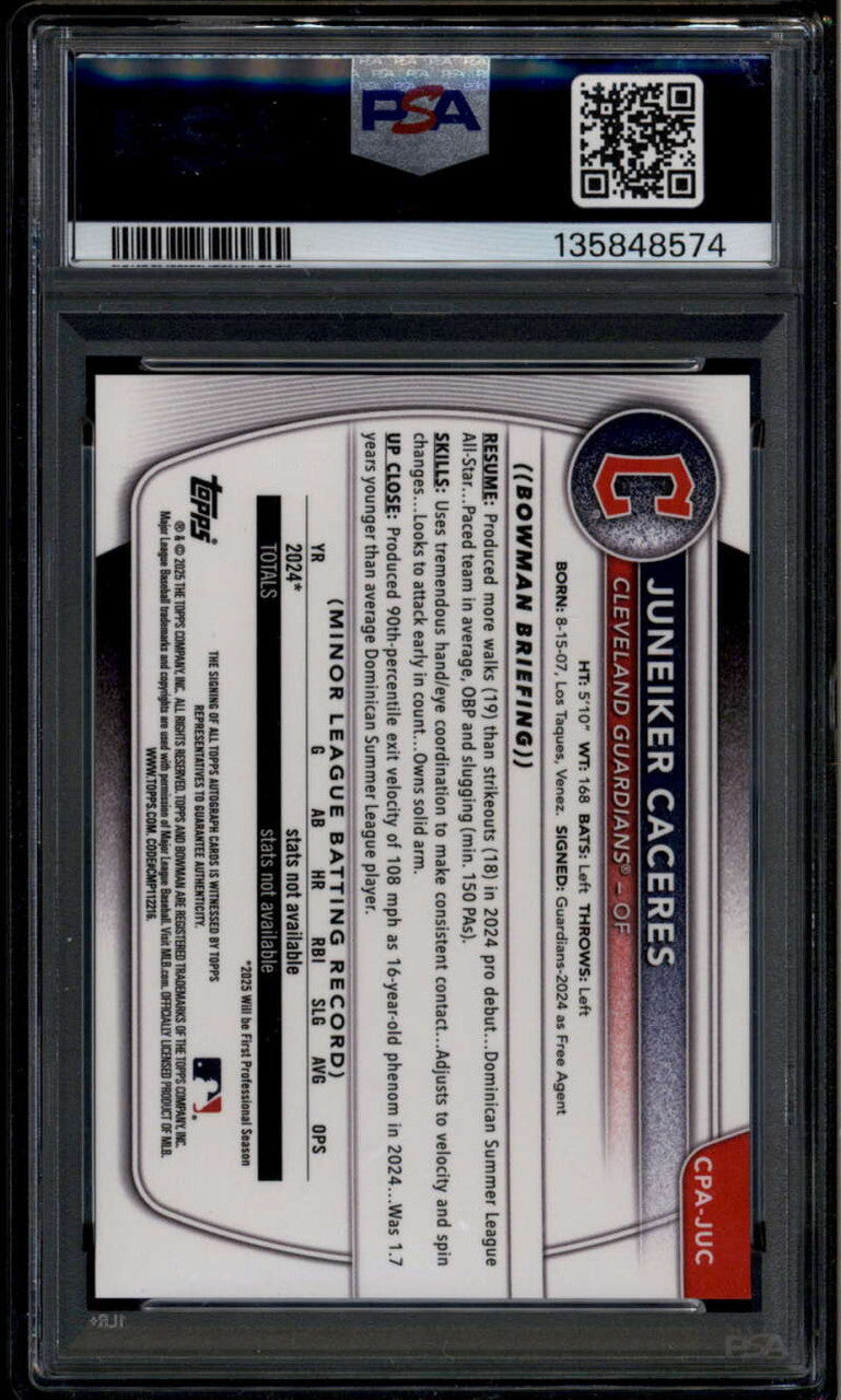 2025 Bowman Chrome Prospect Autographs CPAJUC Juneiker Caceres RC Auto PSA 10