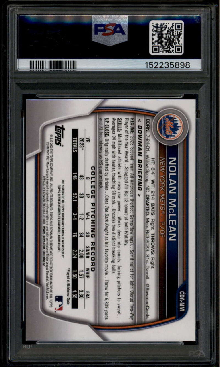 2023 Bowman Chrome Draft Autographs CDANM Nolan McLean Rookie RC Auto PSA 9 MINT