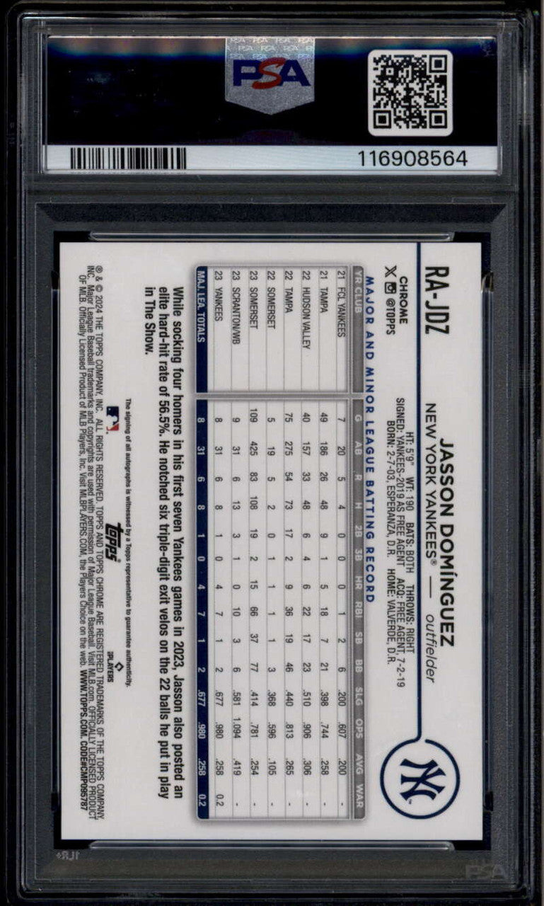 2024 Topps Chrome Aqua Blue Lava Refractor Jasson Dominguez RC Auto /175 PSA 10