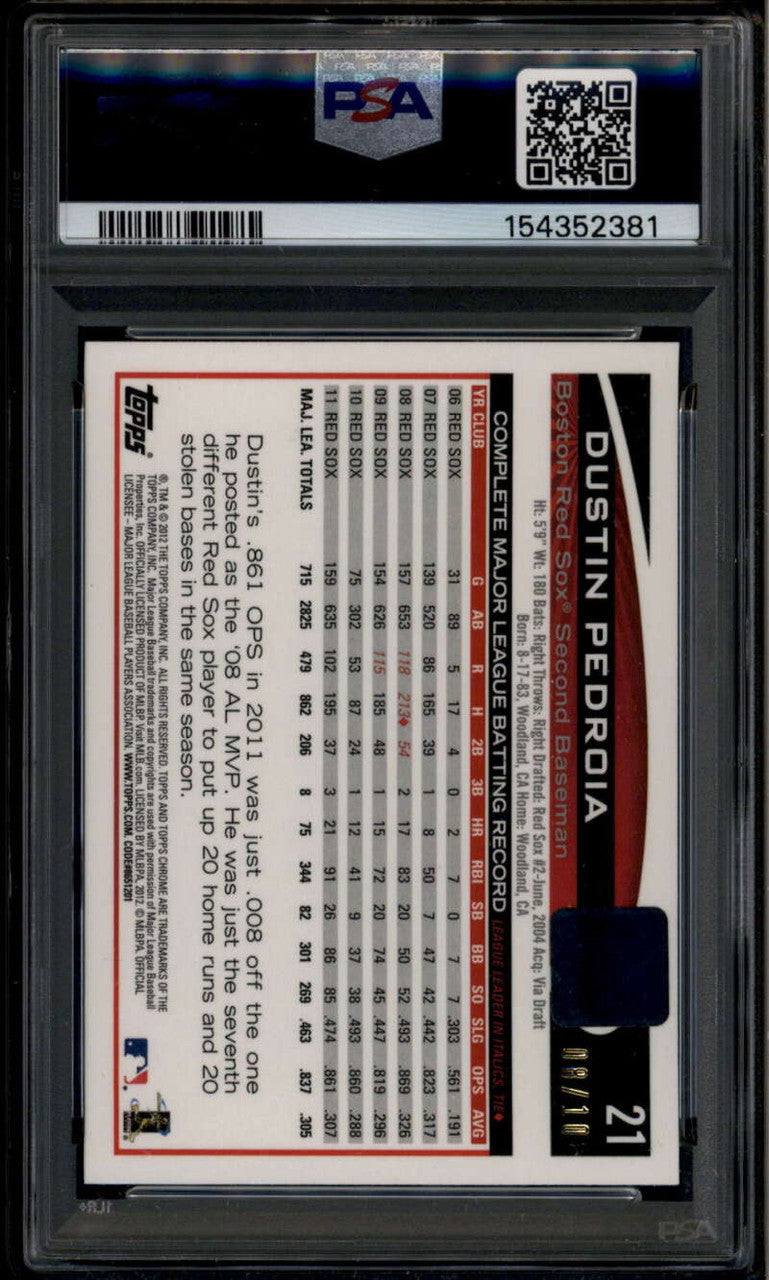 2013 Topps Chrome Buyback Autographs 21 Dustin Pedroia 2012 Auto 8/10 PSA 7 NM