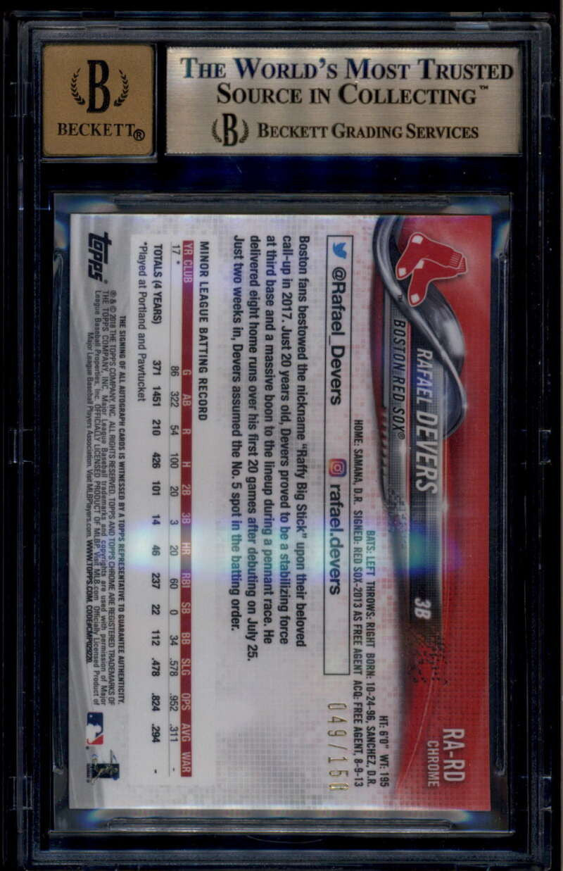 SOLD 185180 2018 Topps Chrome Autographs Blue Refractor Rafael Devers RC Auto 49/150 BGS 9.5