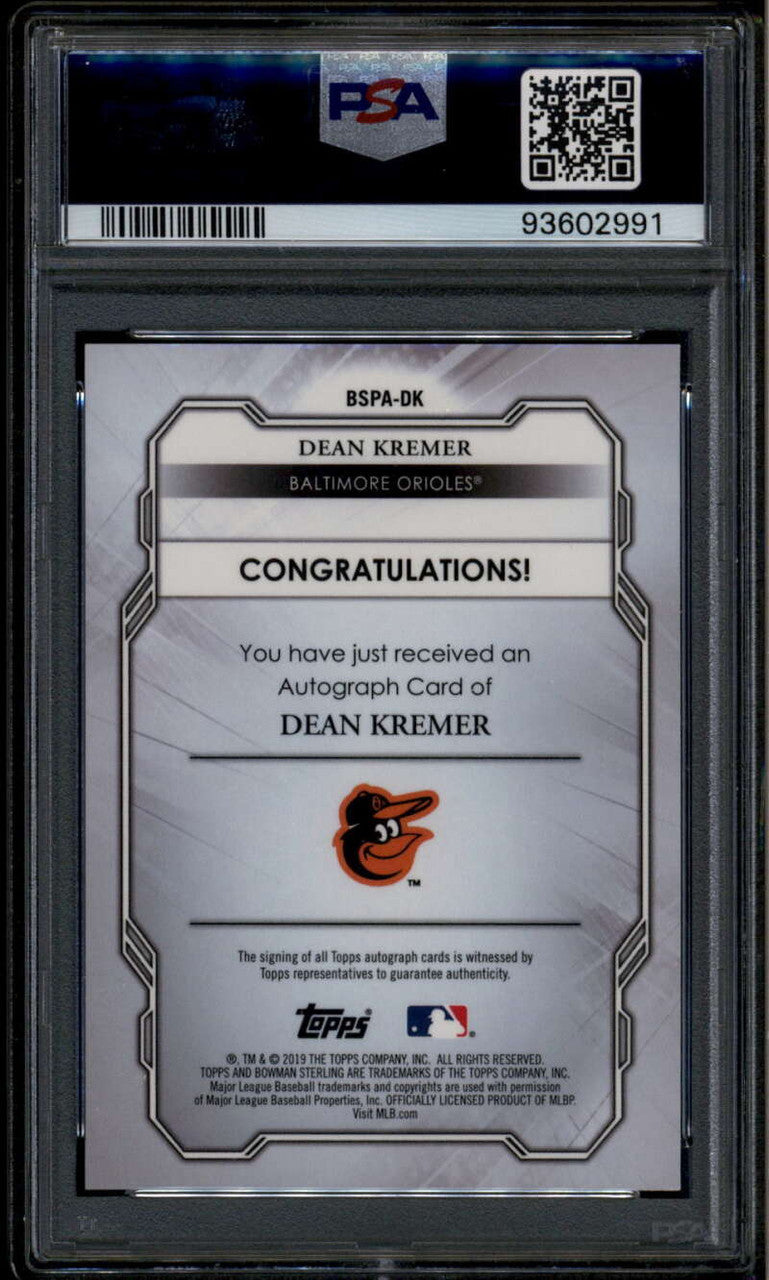 2019 Bowman Sterling Autograph Superfractor Dean Kremer Rookie RC Auto 1/1 PSA 9