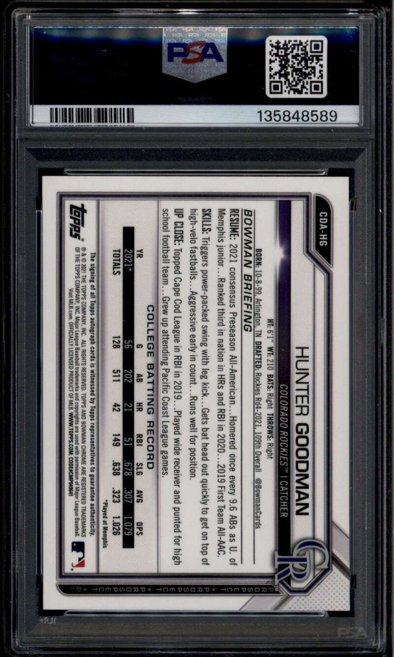 2021 Bowman Chrome Draft Autographs CDAHG Hunter Goodman Rookie RC Auto PSA 10