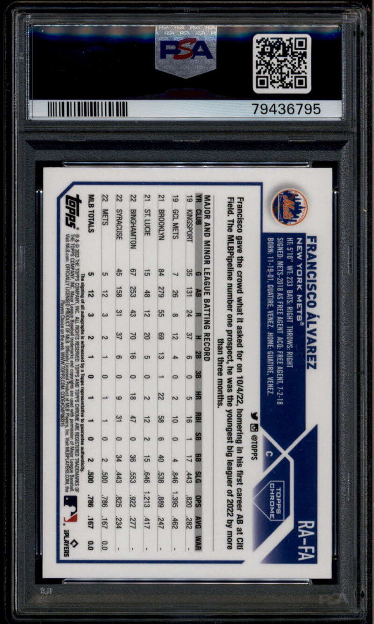 2023 Topps Chrome Autographs Gold Refractor Francisco Alvarez RC Auto /50 PSA 10