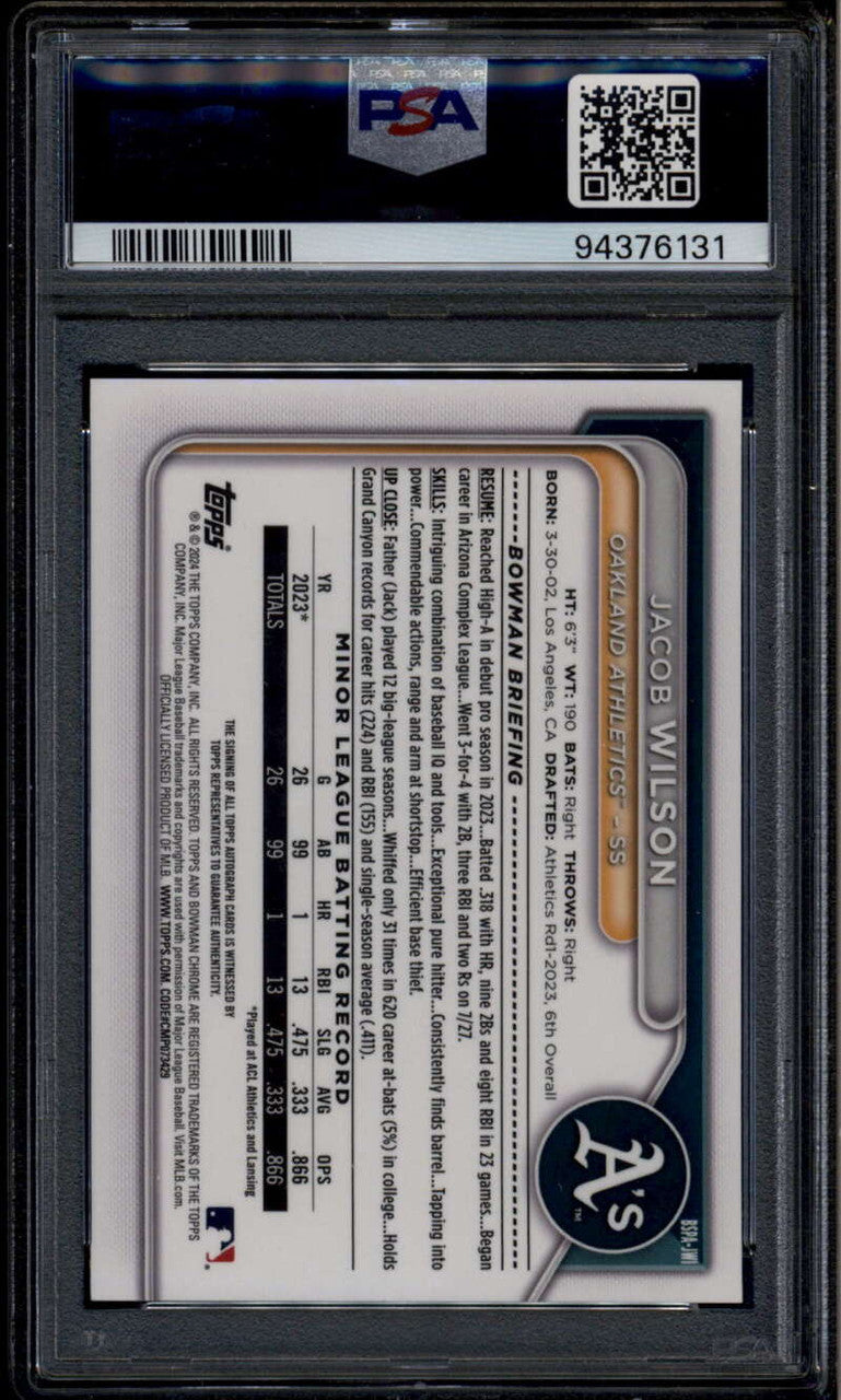 2024 Bowman Chrome Sapphire Green Refractor Jacob Wilson RC Auto 40/99 PSA 10