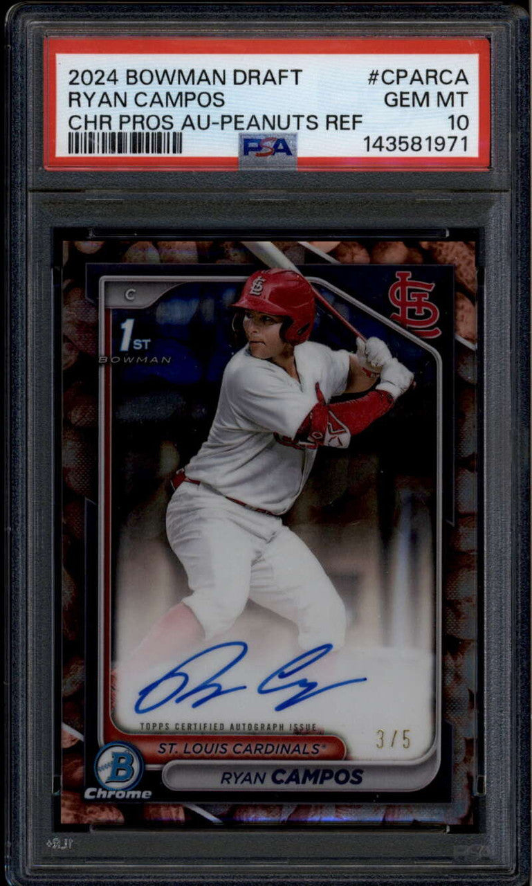 2024 Bowman Chrome Draft Peanuts Refractor Ryan Campos RC Auto 3/5 PSA 10 GEM